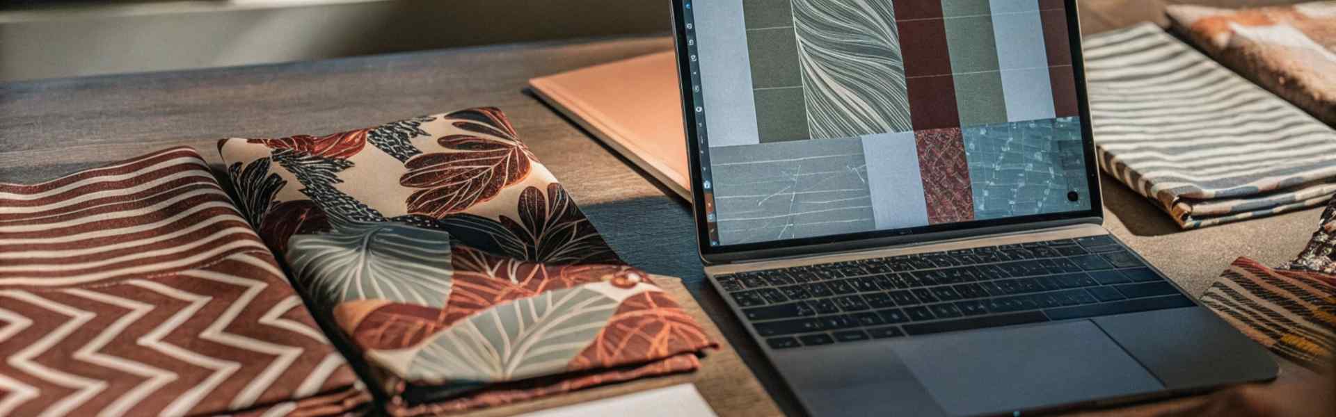 Laptop displaying textile patterns alongside colorful fabric samples on a wooden table.