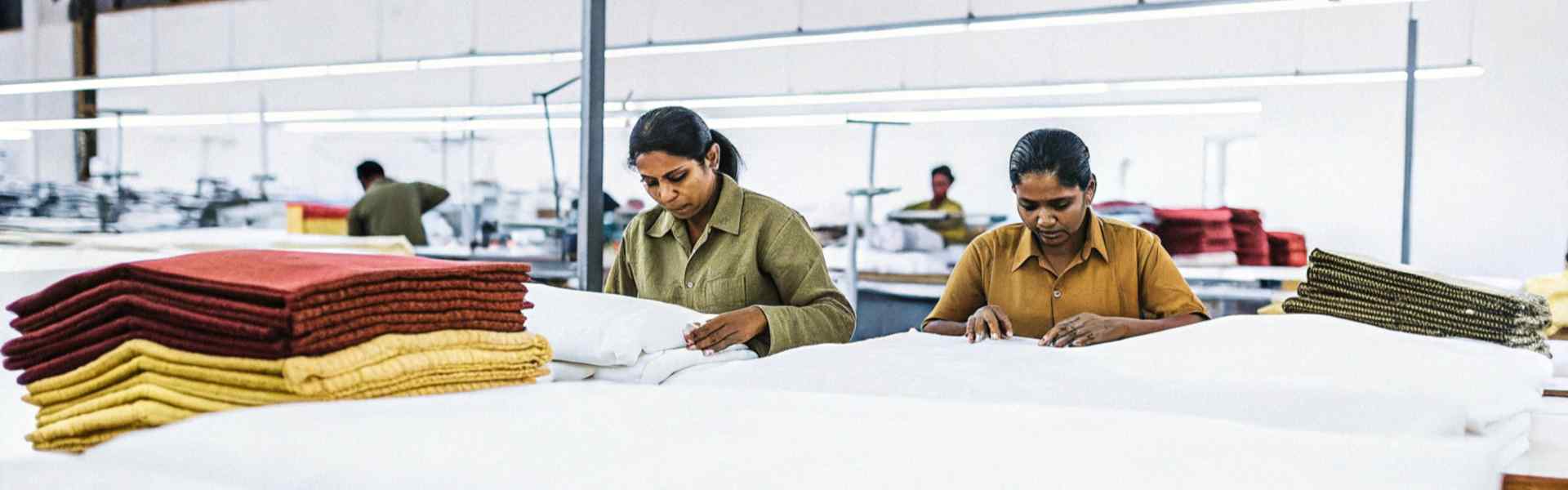 Two workers inspecting white fabrics with neatly stacked red, yellow, and green textiles nearby in a brightly lit factory.