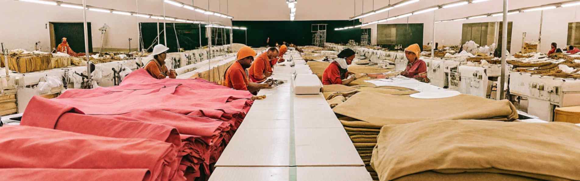 Workers processing and sorting large stacks of red and beige fabric on long tables in a textile factory.