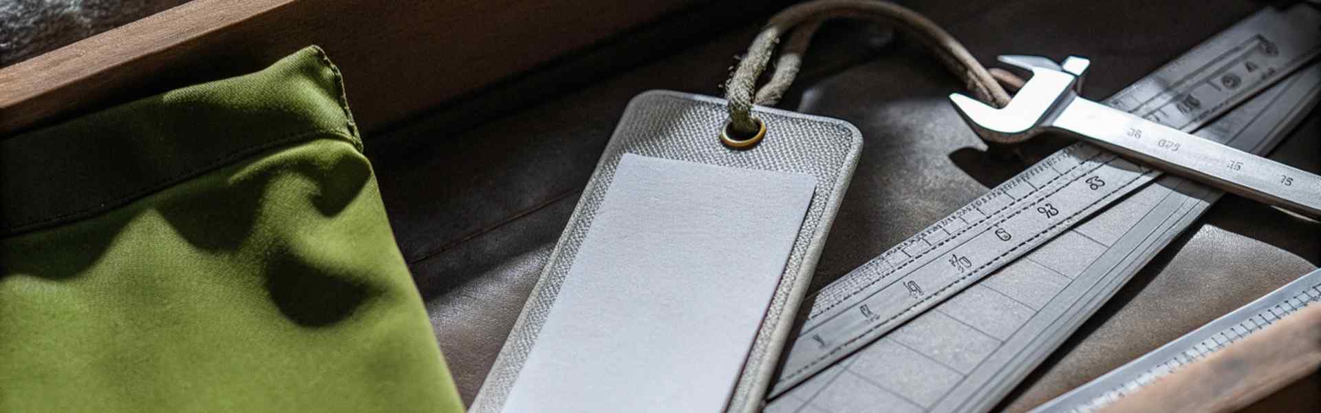 Green fabric, a blank tag, and measuring tools placed neatly in a wooden drawer.