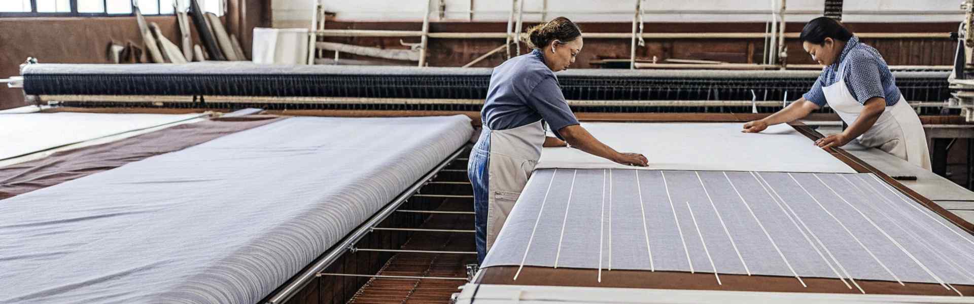 Workers inspecting fabric rolls on large tables in a textile workshop.