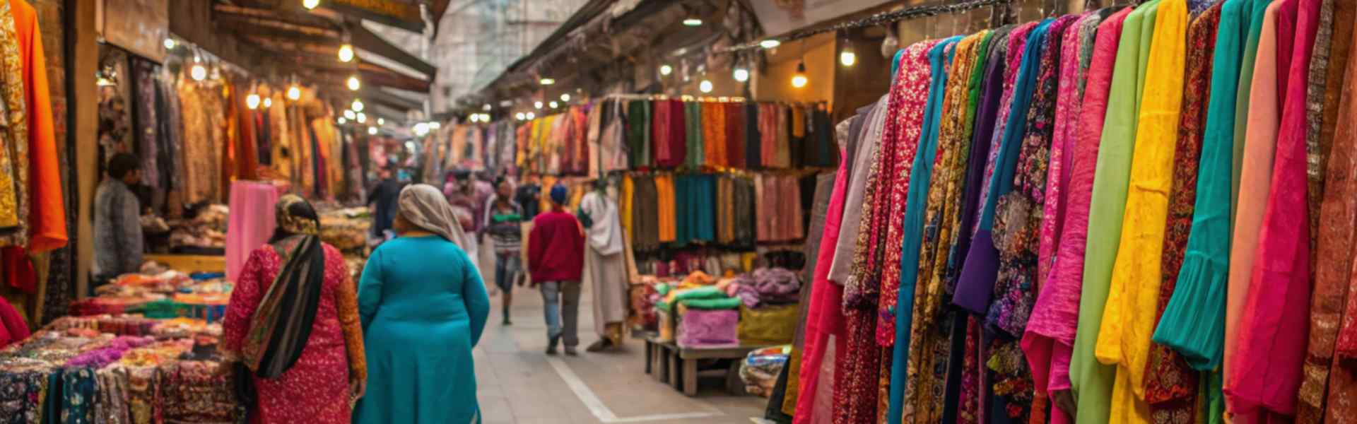 A busy marketplace with colorful fabrics displayed on racks and stalls, and shoppers browsing.