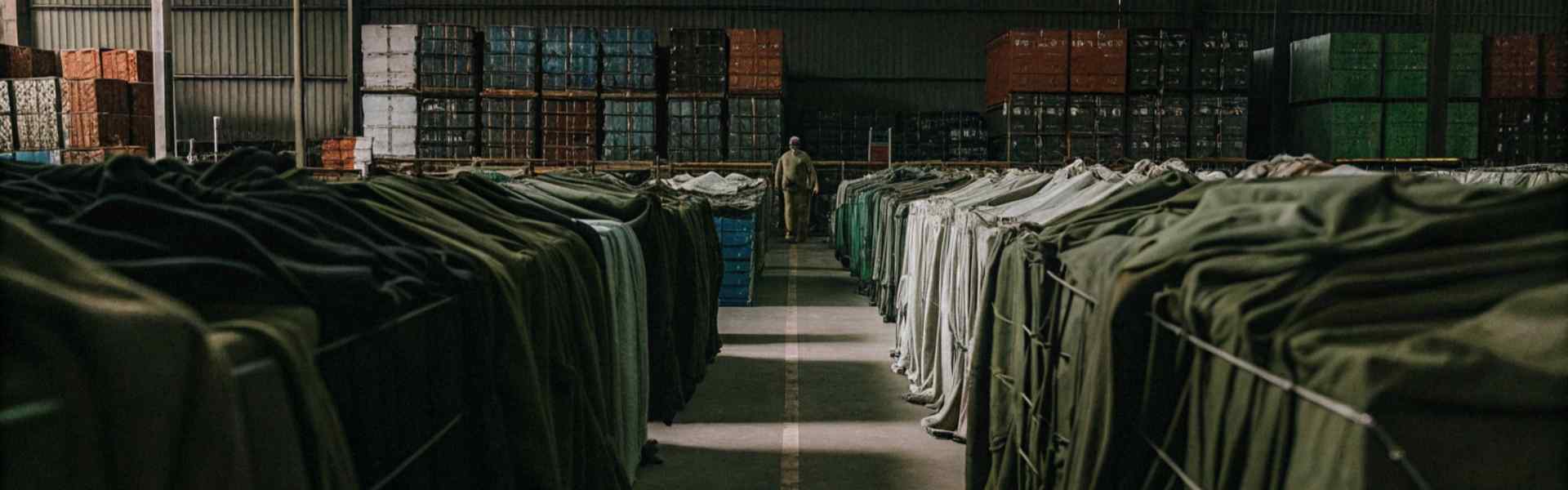 Dimly lit warehouse filled with fabric rolls organized in metal racks, with a worker in the background.