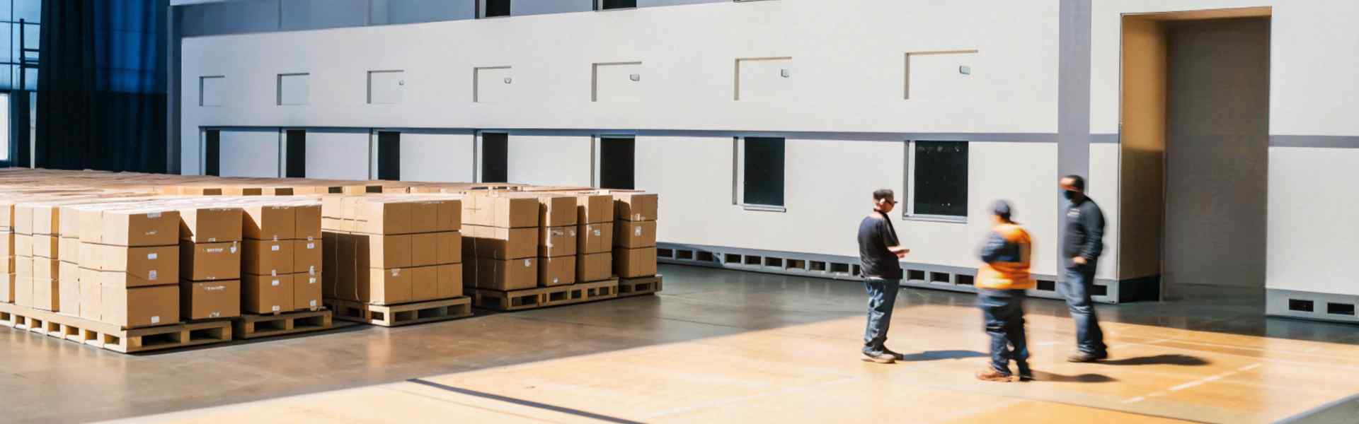 Workers in a large warehouse with stacked cardboard boxes and "Country of Origin" signage.