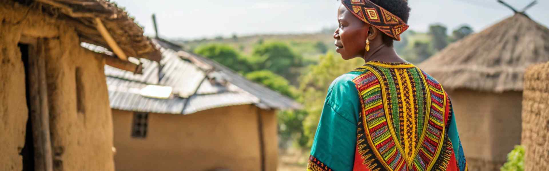 A woman wearing vibrant traditional clothing walks through a rural village with thatched-roof huts.