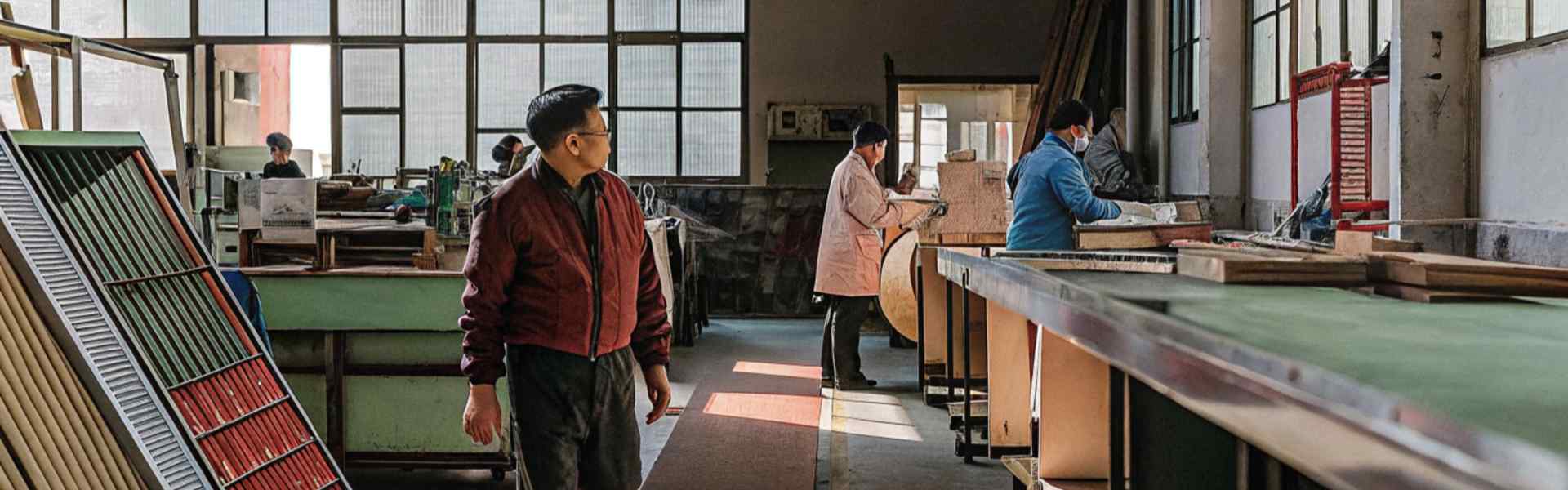 A factory supervisor walking through a workspace with workers operating machinery under bright daylight.