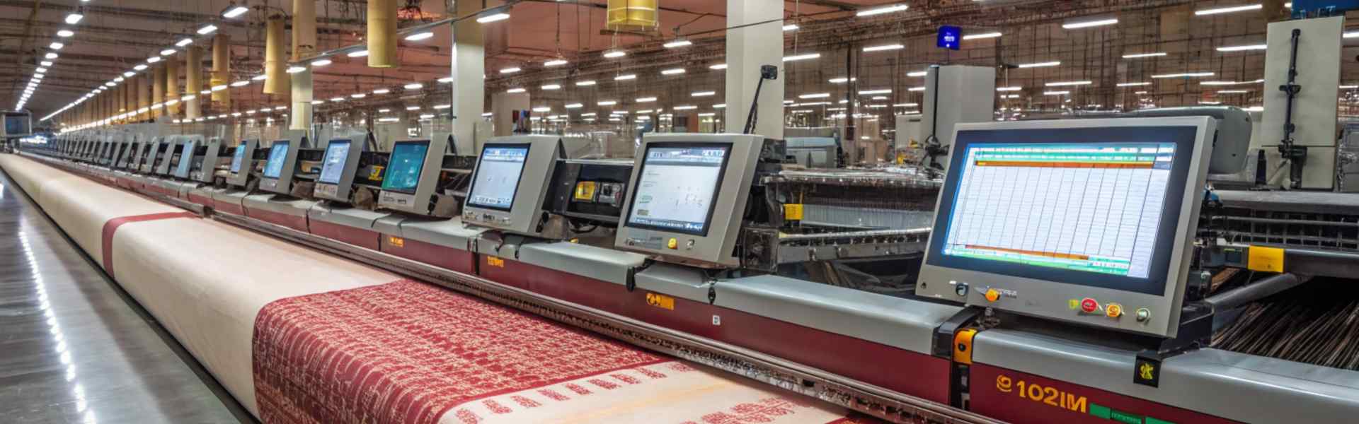 High-tech machines weaving patterned fabric in factory.