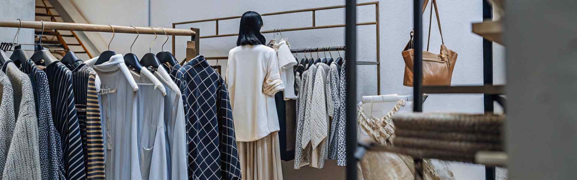 Woman browsing minimalist clothing in a boutique store.