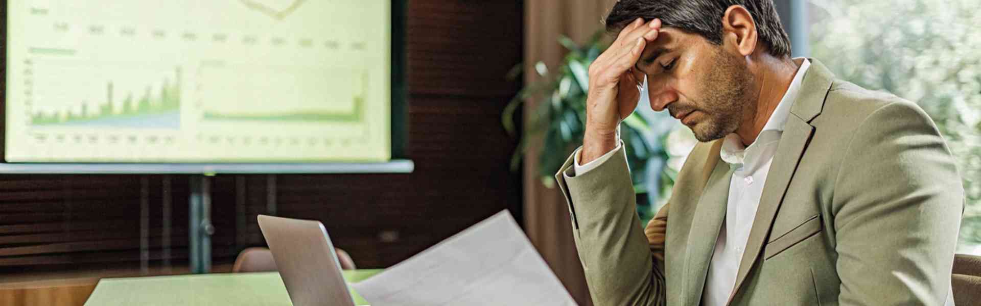 A stressed businessman analyzing financial reports in an office.