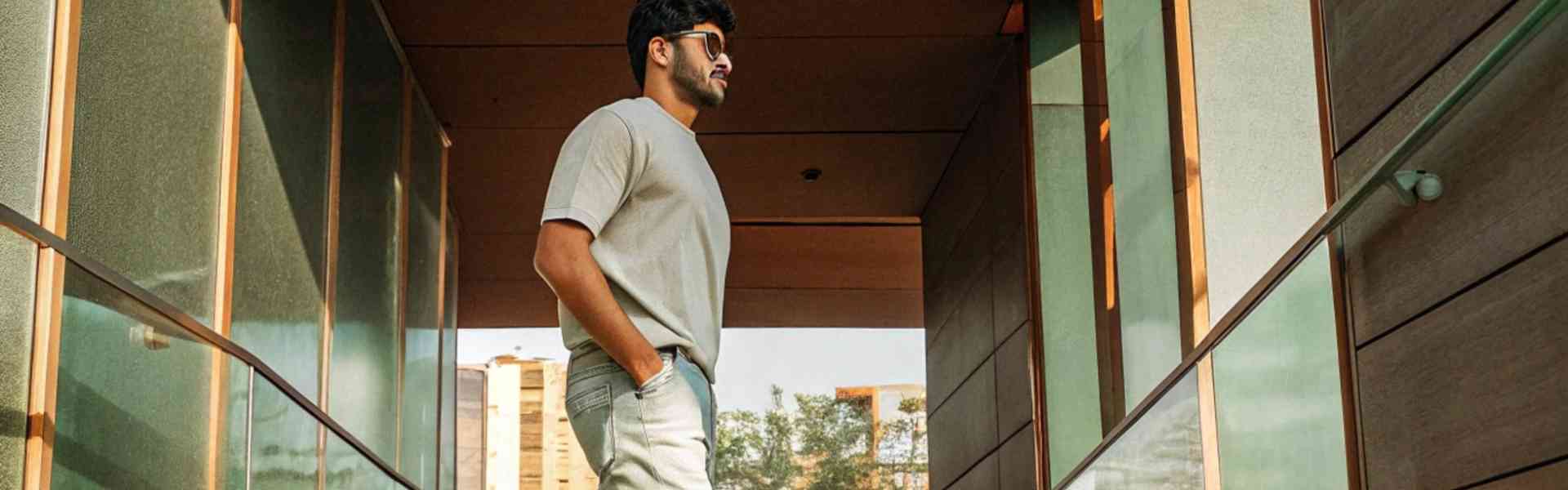 Man in light jeans and a t-shirt walking through a modern building.