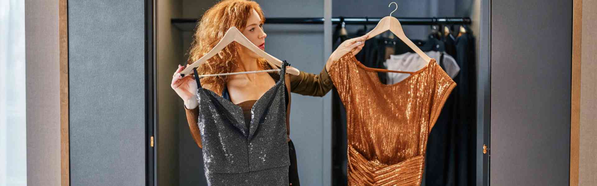 A woman deciding between a black and gold sequin dress.