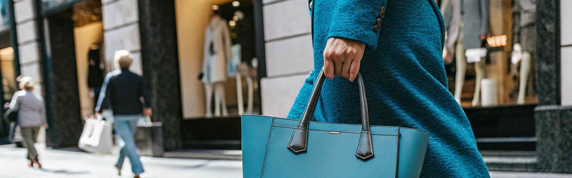 A woman walks in the city holding a blue tote bag.