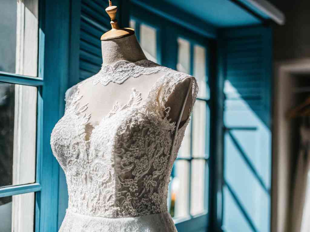 A lace wedding gown on a mannequin near blue window shutters.