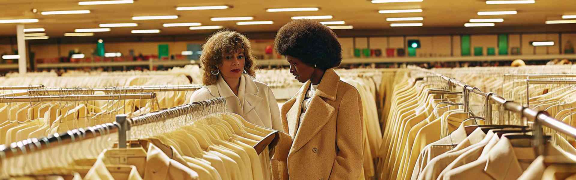 Two women browsing through rows of beige coats in a large store.