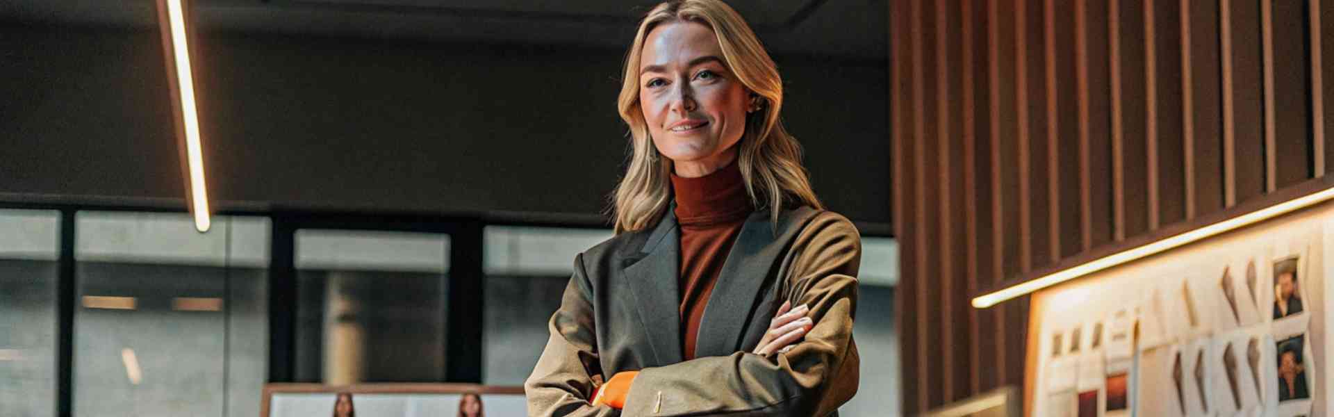 A confident woman in a stylish outfit stands in a fashion design studio.