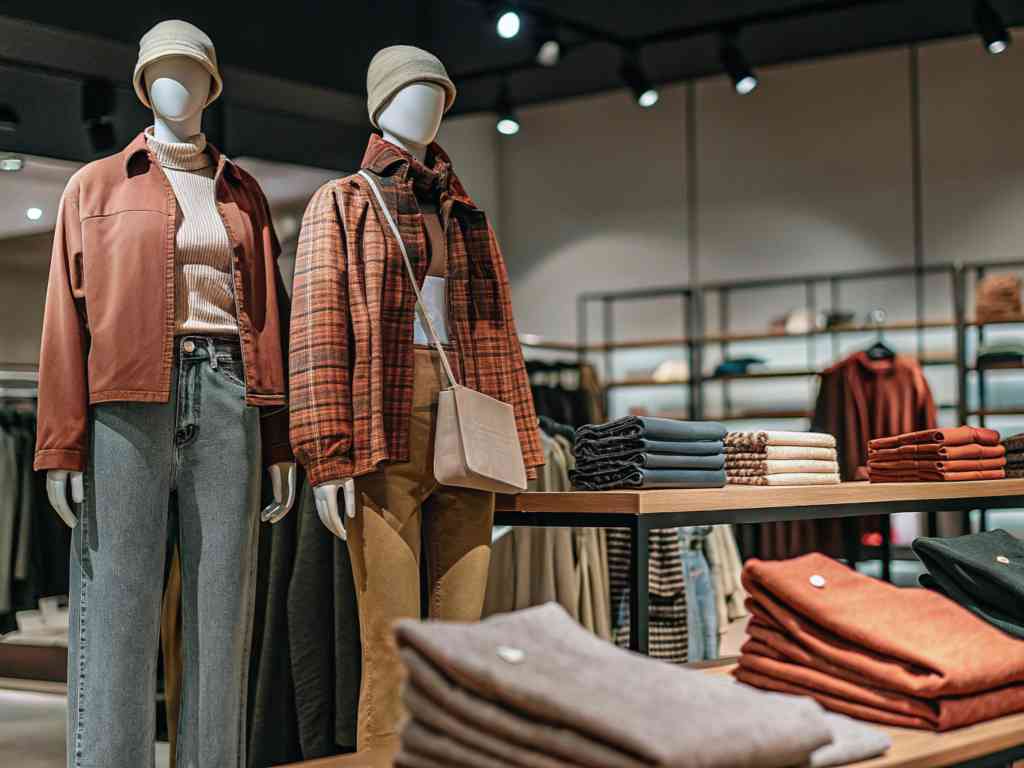 Mannequins dressed in fall outfits with plaid jackets and warm tones.