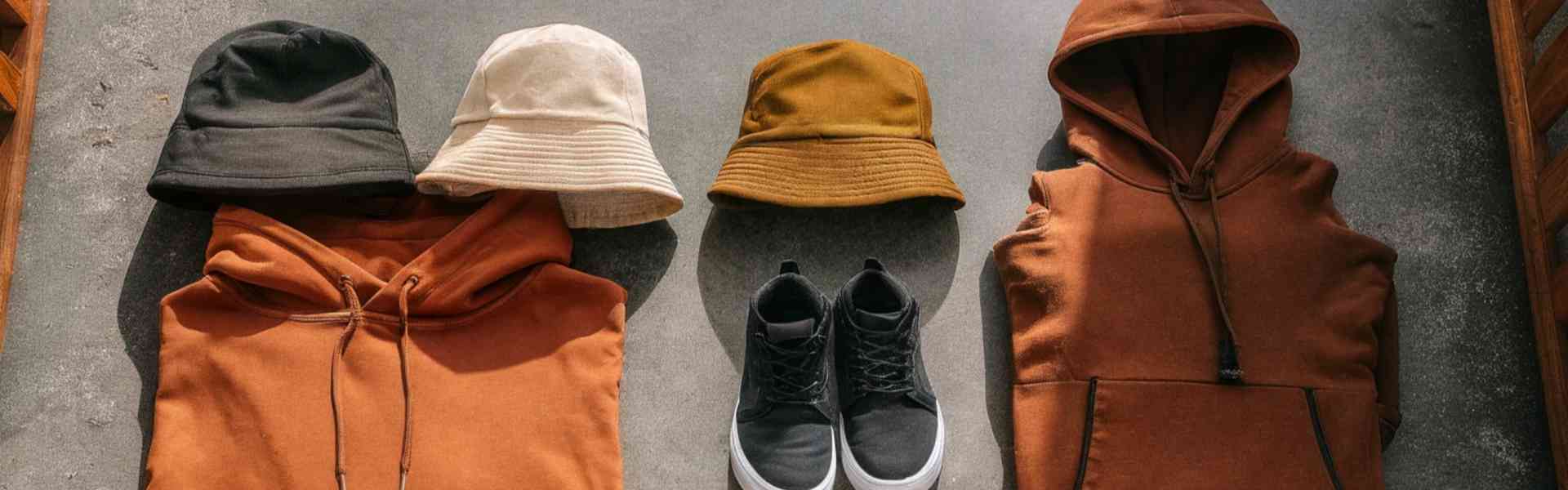 Brown hoodies, bucket hats, and sneakers laid out on a table.