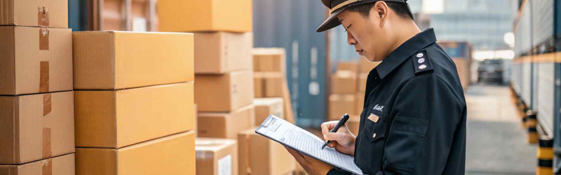 Customs officer checks shipment paperwork near stacked boxes at port.