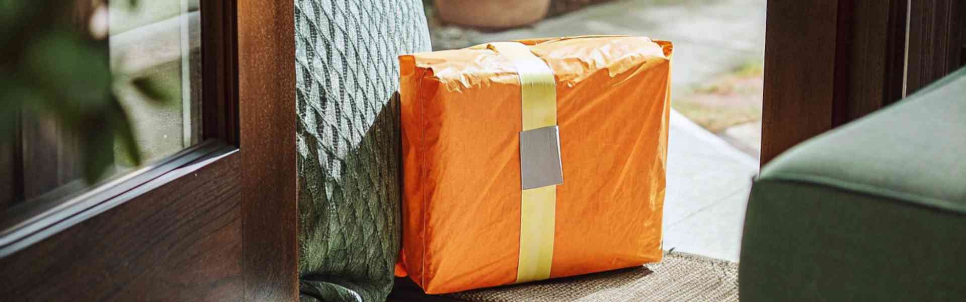 Orange package with yellow ribbon left at a home’s doorstep.