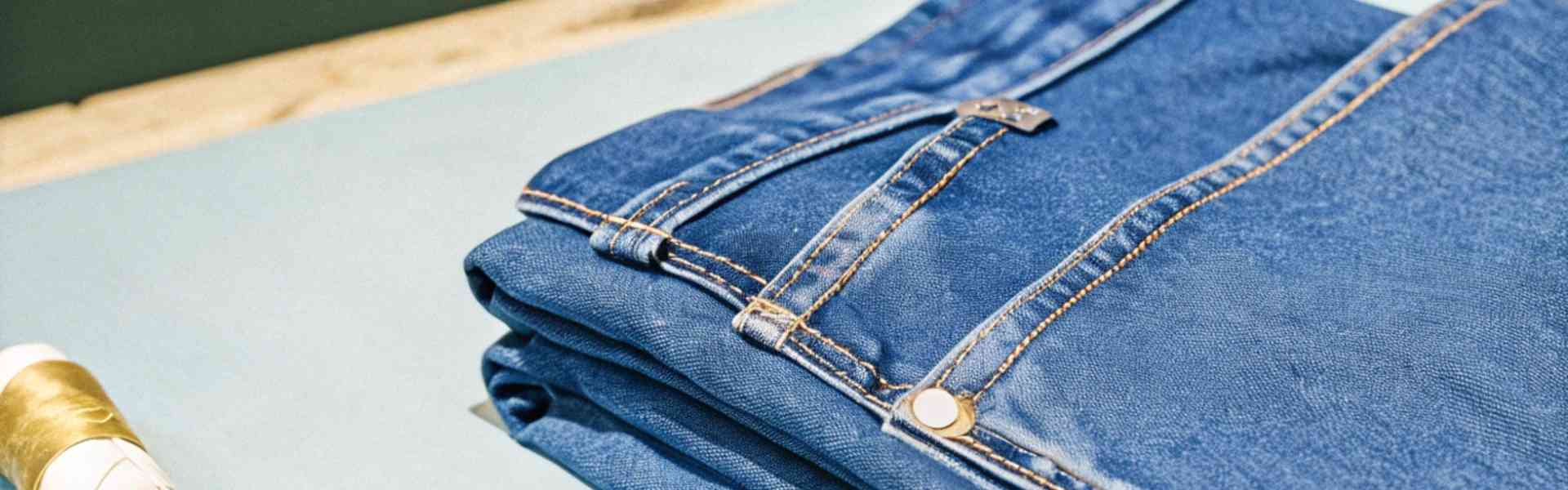 Folded blue denim jeans on a tailor’s worktable with sewing tools.