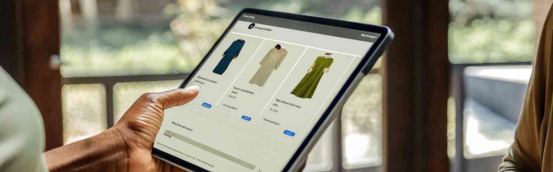 Person browsing dresses on a tablet while shopping online.