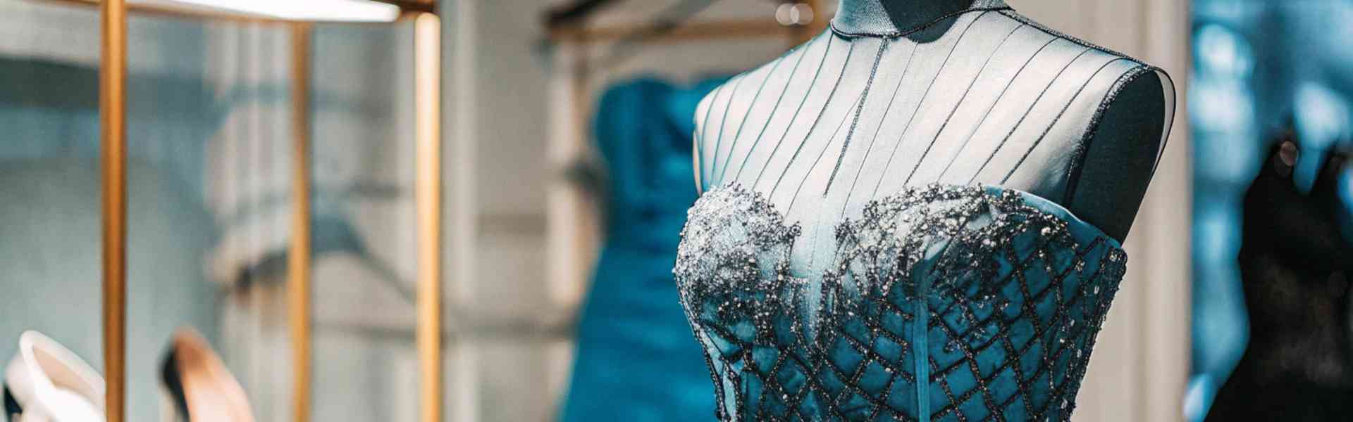 A luxurious blue beaded gown on a mannequin in a boutique.