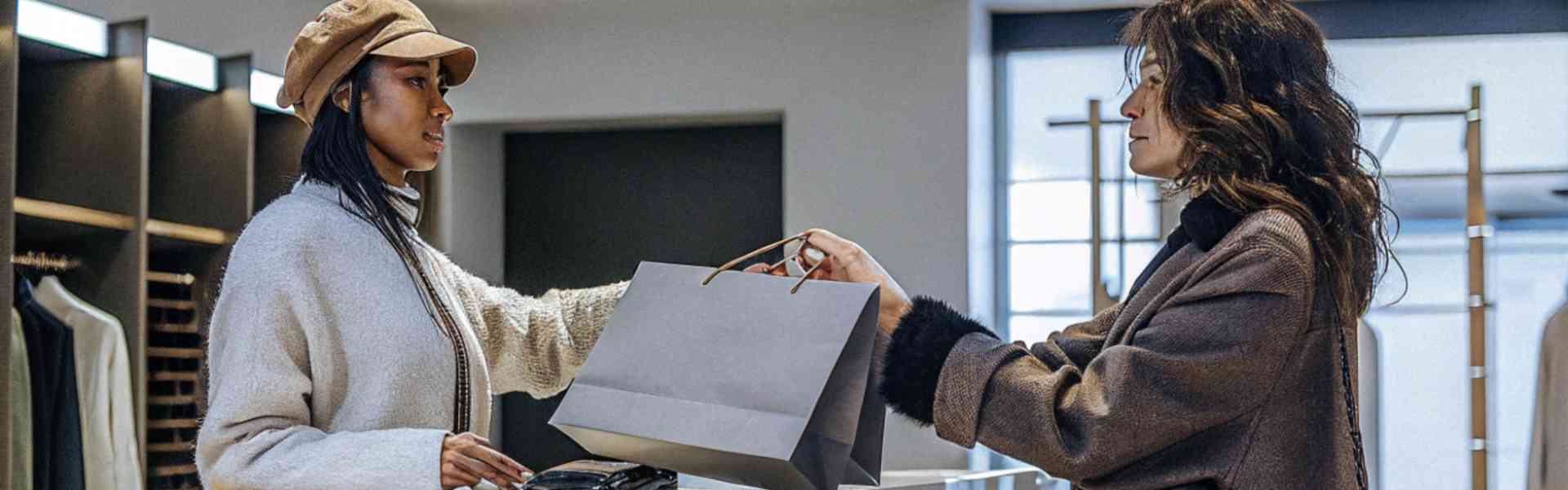 A woman receiving a shopping bag from a store clerk at a boutique.