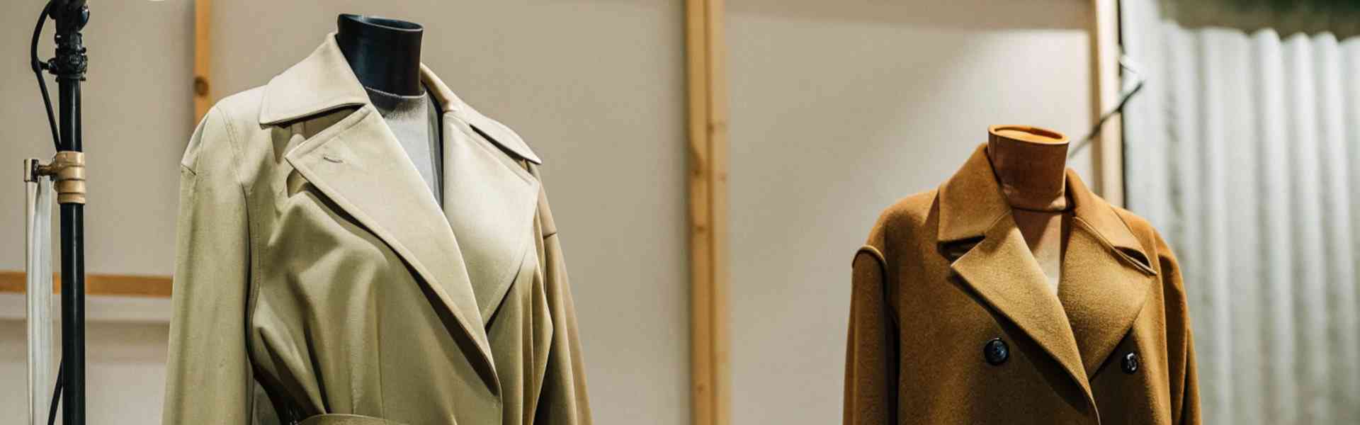Two mannequins displaying stylish trench coats in a designer showroom.
