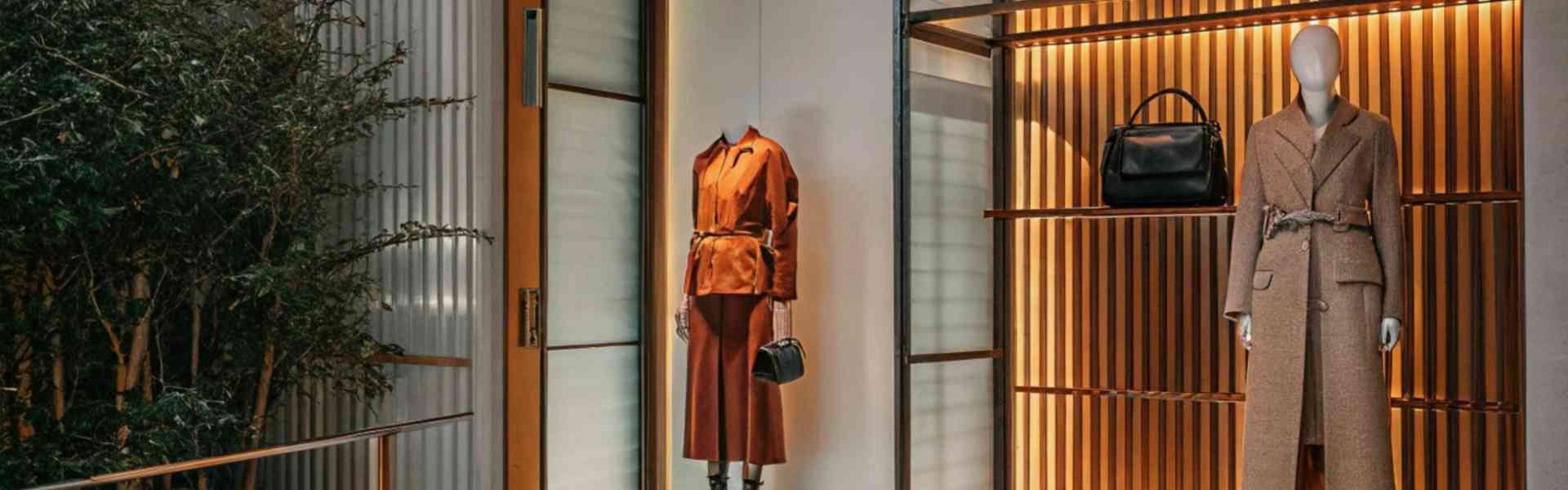 Stylish mannequins in a boutique window wearing elegant autumn outfits.