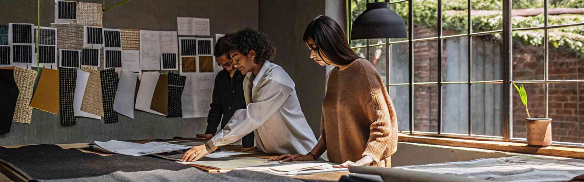Three designers working with fabric samples in a creative studio.