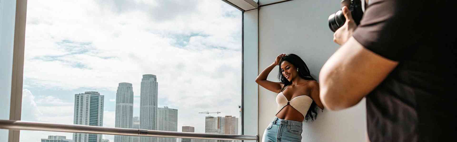 Photographer capturing a stylish woman posing near a city skyline.