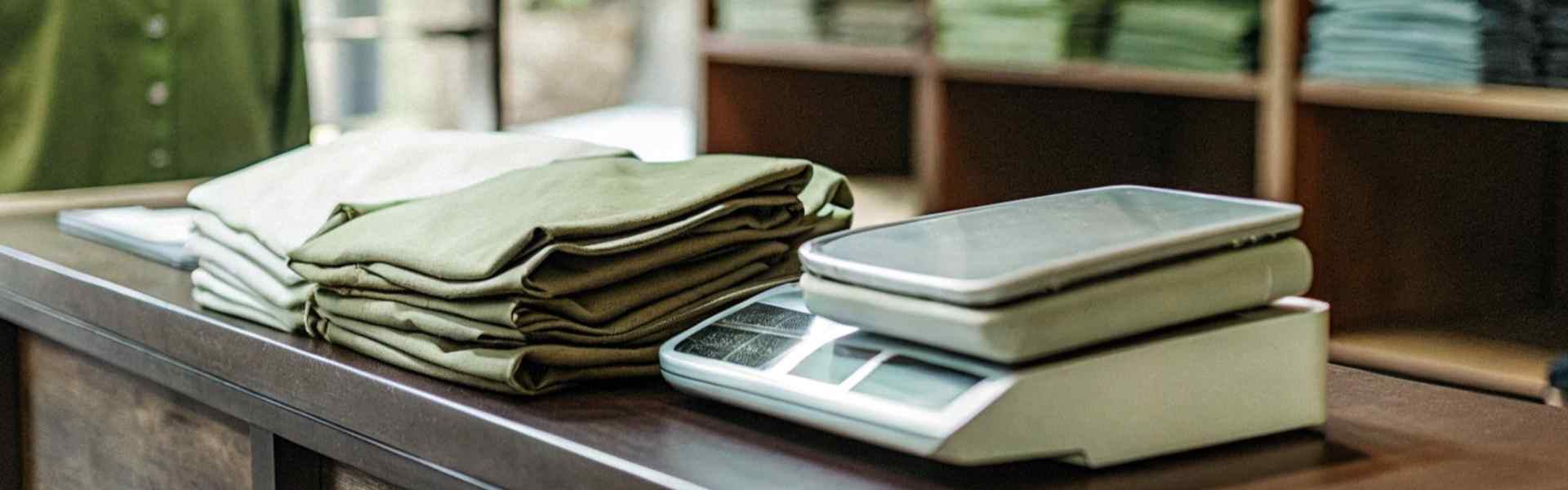 Neatly folded green clothes stacked on a table with a digital scale in a clothing store.