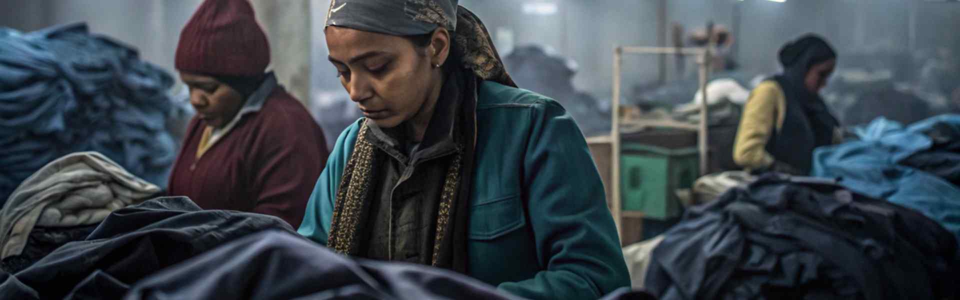 Workers sorting fabric in dimly lit garment factory.