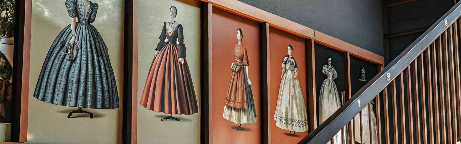 A series of framed illustrations showcasing historical dresses along a staircase.