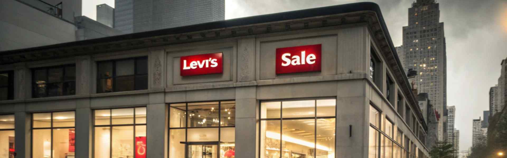 Levi's store with sale signs on a rainy city street.