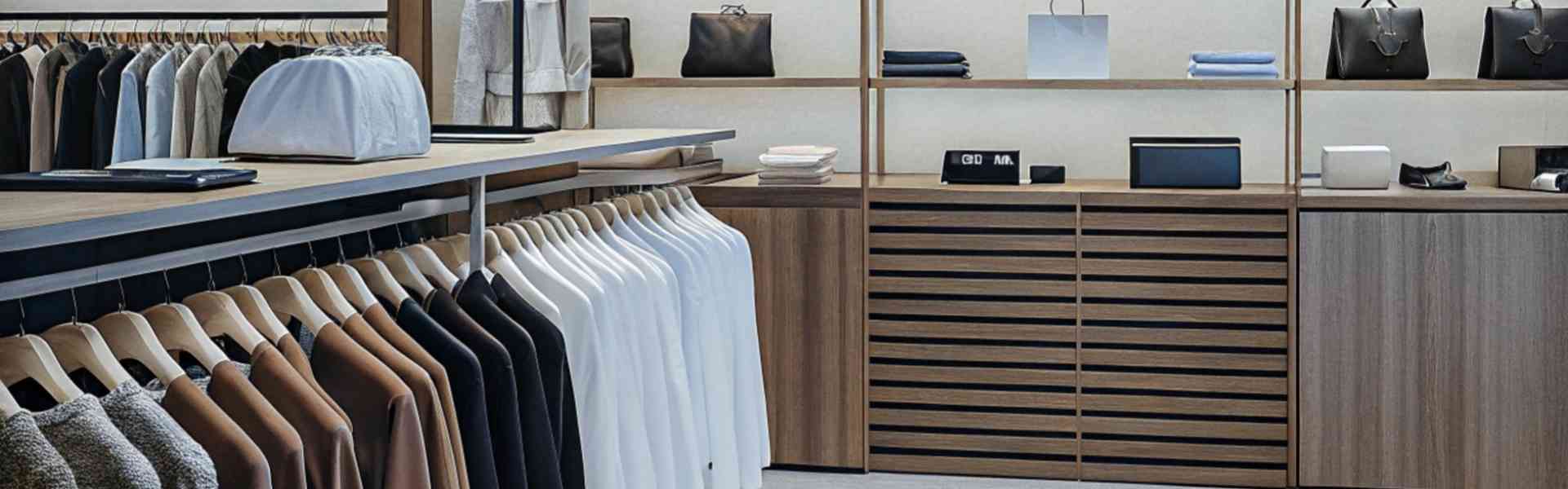 Minimalist boutique interior with neatly arranged clothing and accessories.