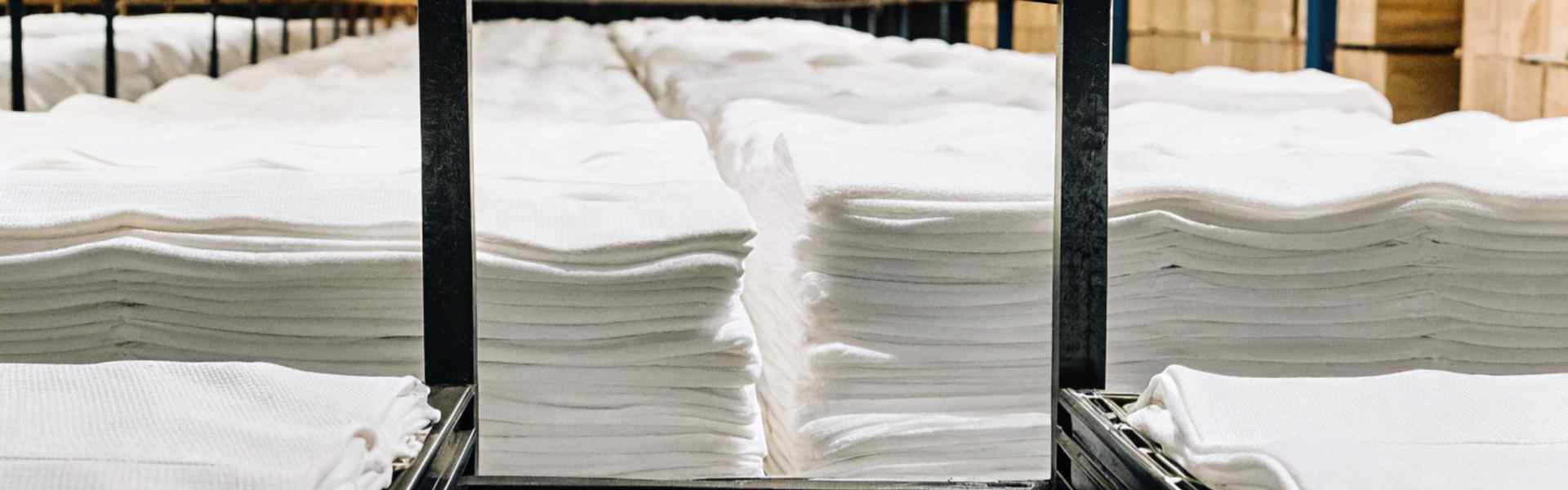 Stacked white towels on a metal shelf in a warehouse.