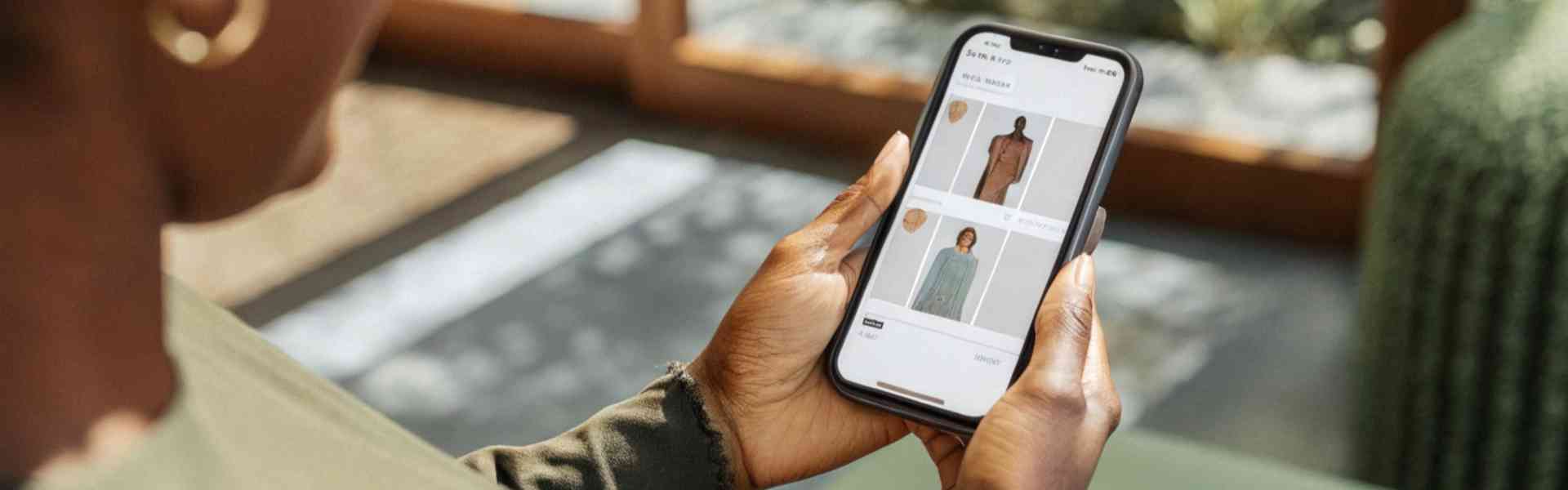 Woman browsing fashion items on her smartphone.