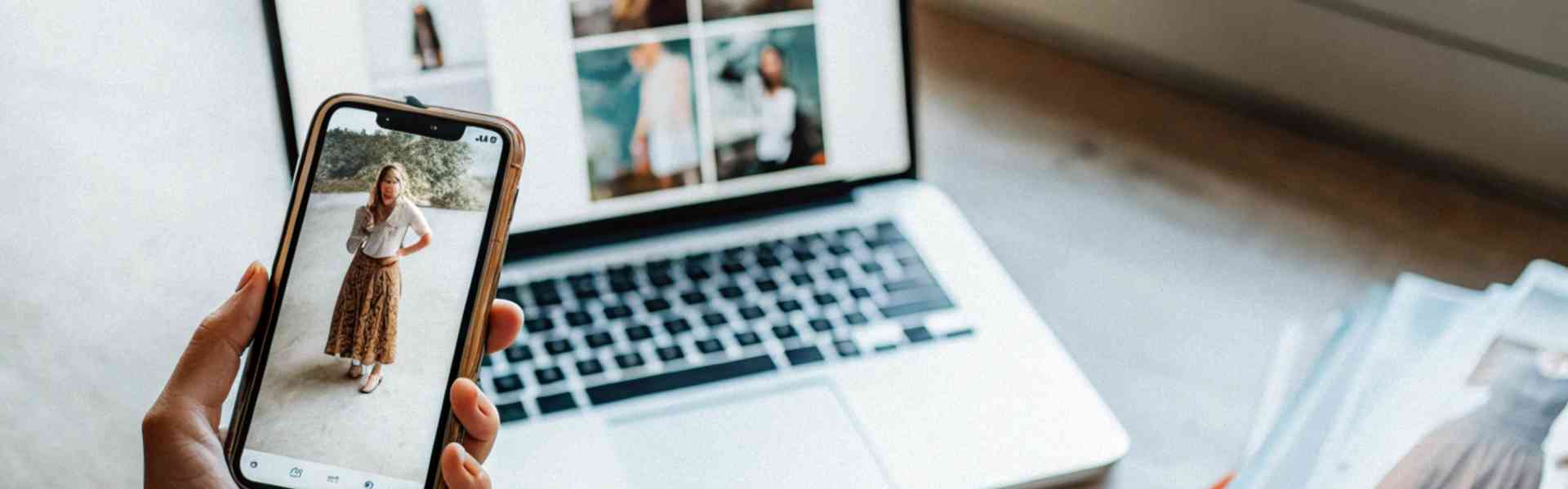 A person browsing fashion images on a phone and laptop.