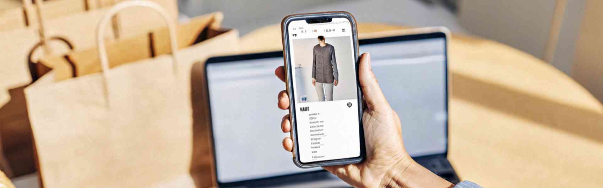 Online shopping for clothes on a smartphone with a laptop nearby.