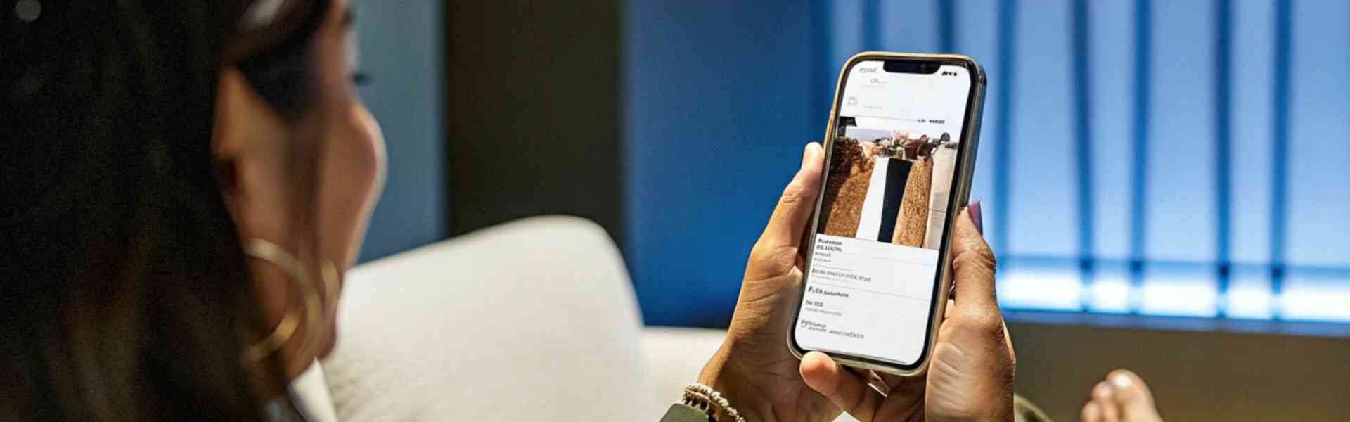 A woman relaxes on a couch while browsing an online fashion store on her smartphone.