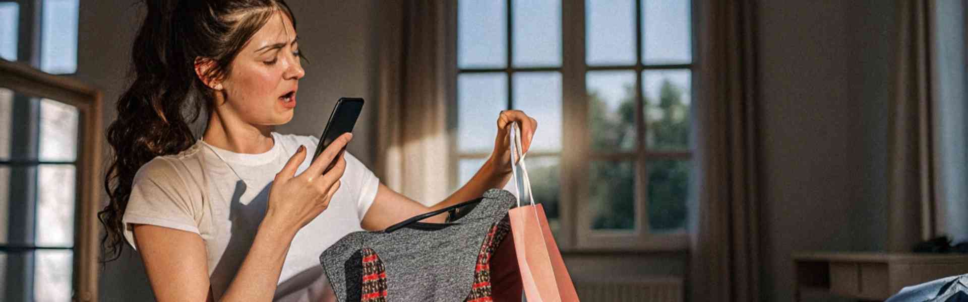 Woman holding a dress and expressing frustration on a call.