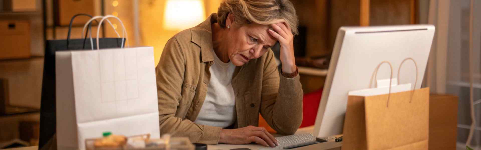 Stressed woman at computer surrounded by shopping bags.