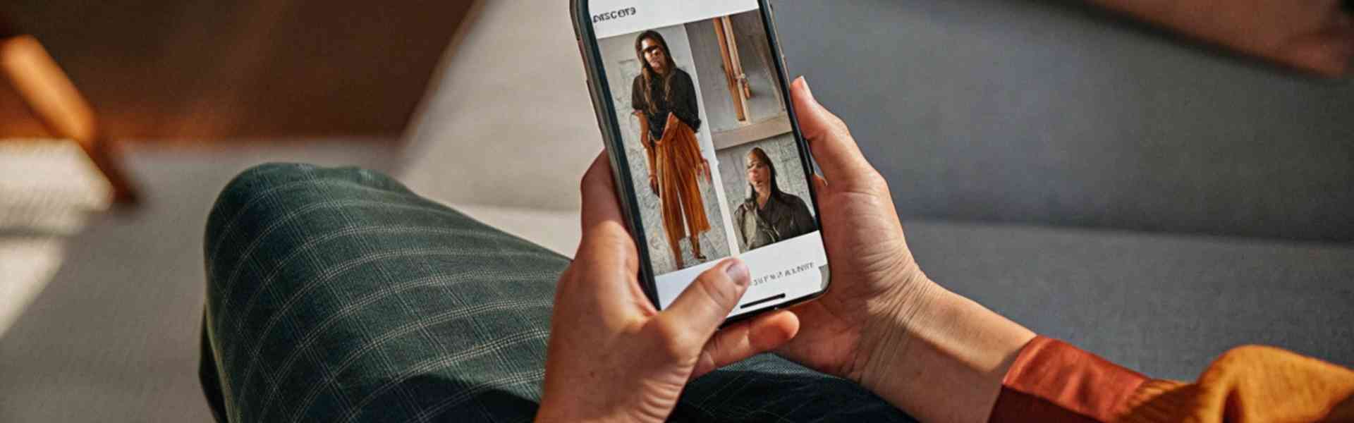 Person browsing an online fashion store on a smartphone while relaxing on a couch.