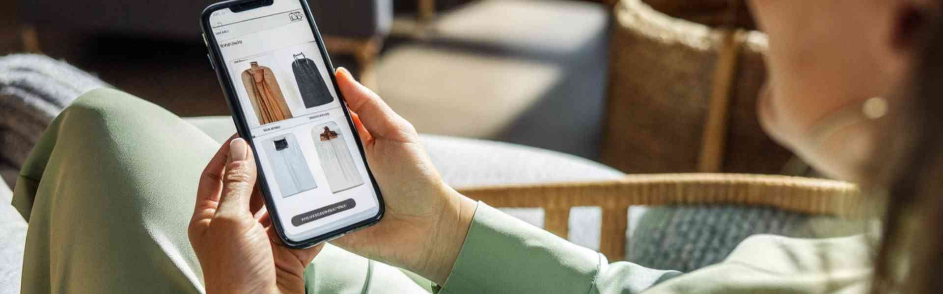 Woman browsing clothing items on her smartphone.