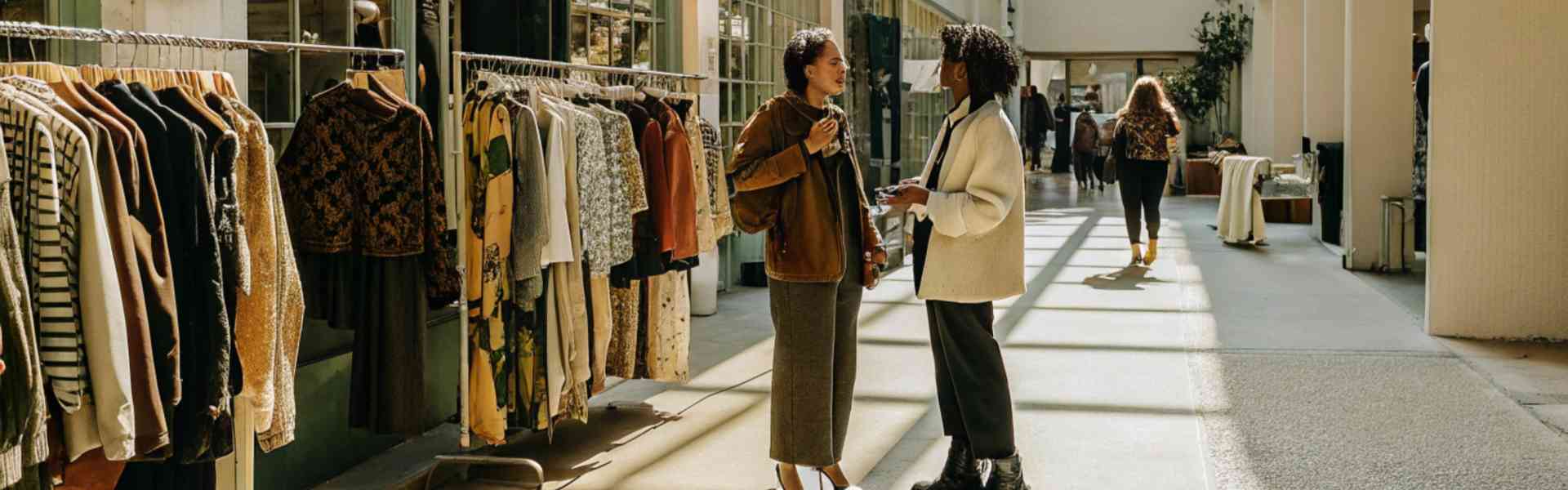 Women talking at a stylish clothing market with natural sunlight.