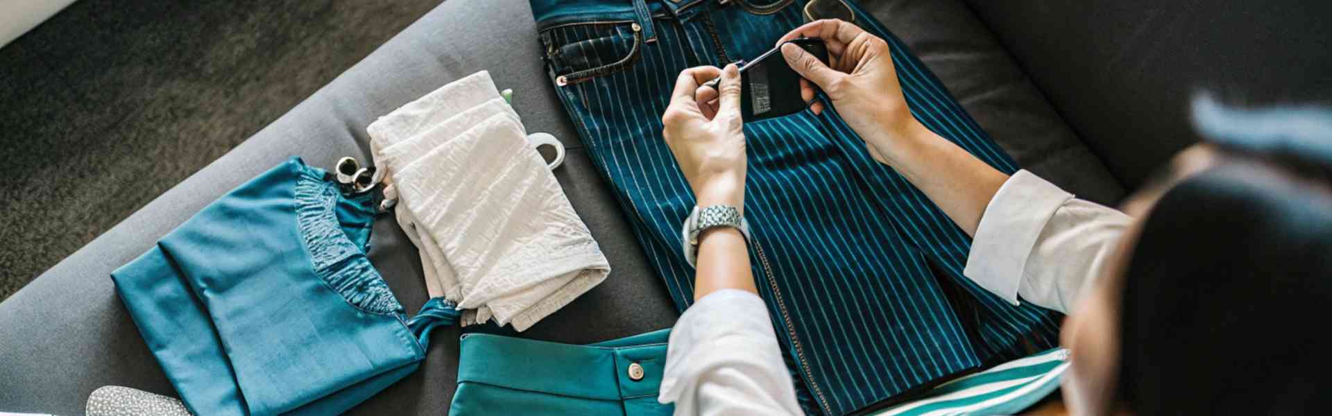 Woman checking a clothing tag while organizing various garments.