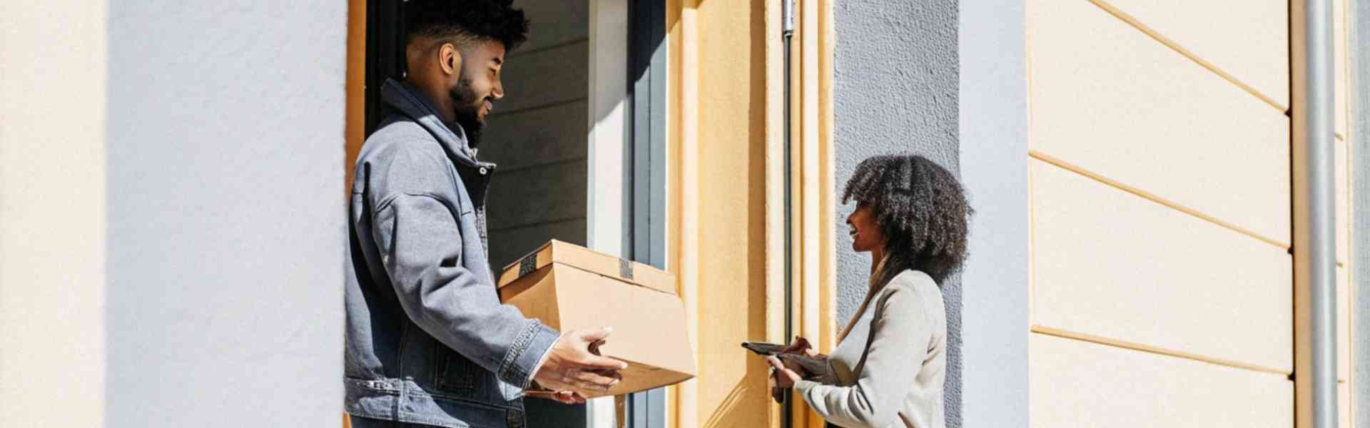 A delivery man hands a package to a woman at her doorstep.