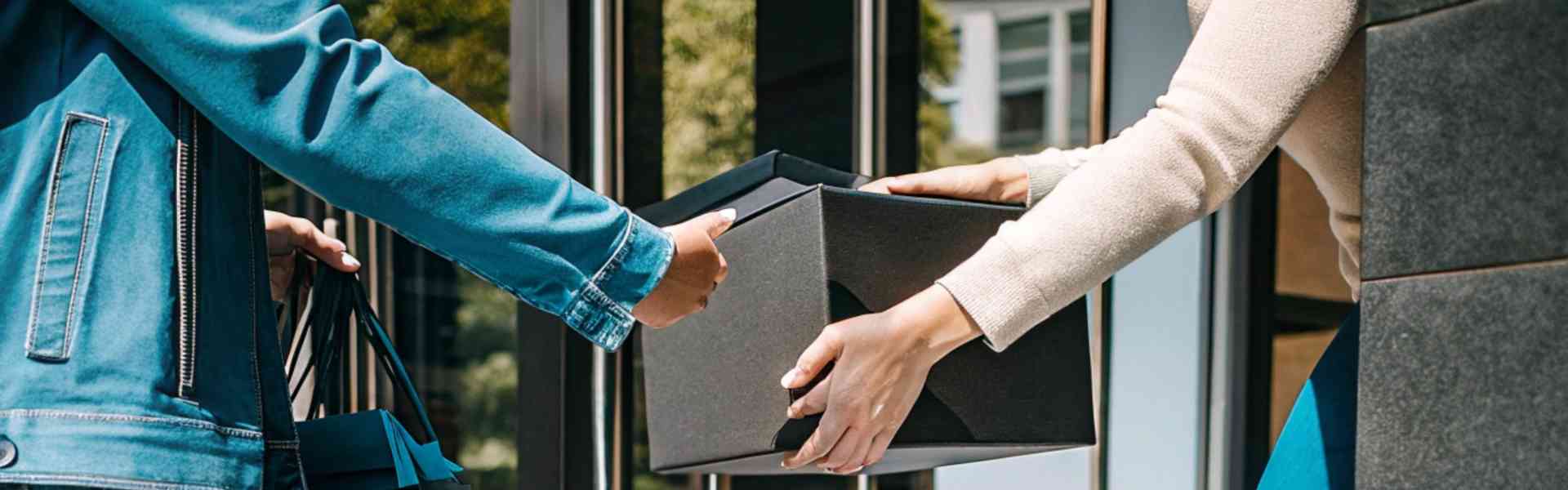 Two people exchanging a black box on outdoor steps.