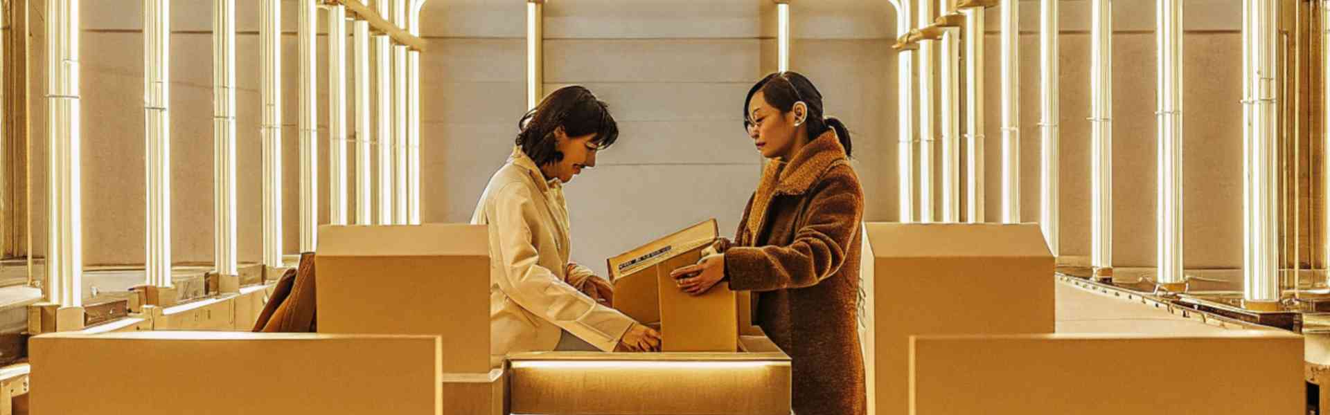 Two women handling a package in a futuristic, well-lit logistics facility.